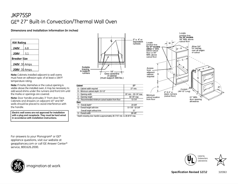 Página 1 del manual Ficha técnica GE JKP75SPSS