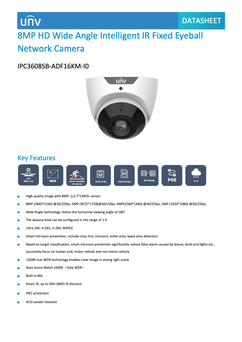 Page 1 de la notice Fiche technique UniView IPC3608SB-ADF16KM-I0