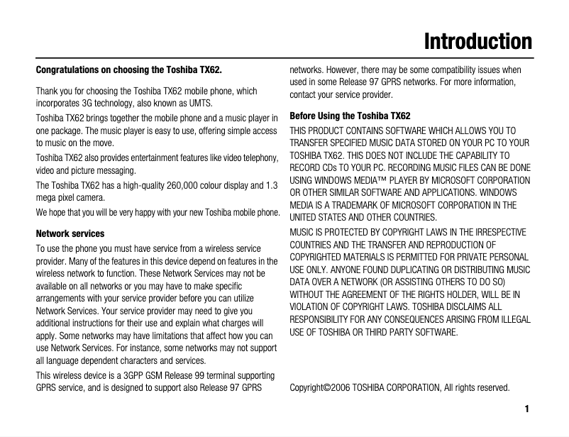 Page 1 de la notice Manuel utilisateur Toshiba TX62