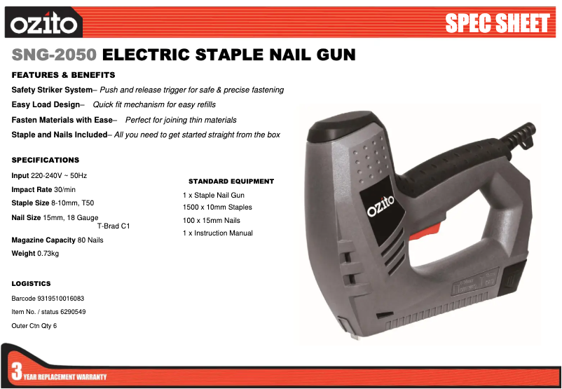 Page 1 de la notice Fiche technique Ozito SNG-2050