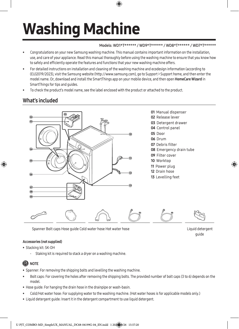 Page 1 de la notice Guide de démarrage rapide Samsung WD90T754DBH