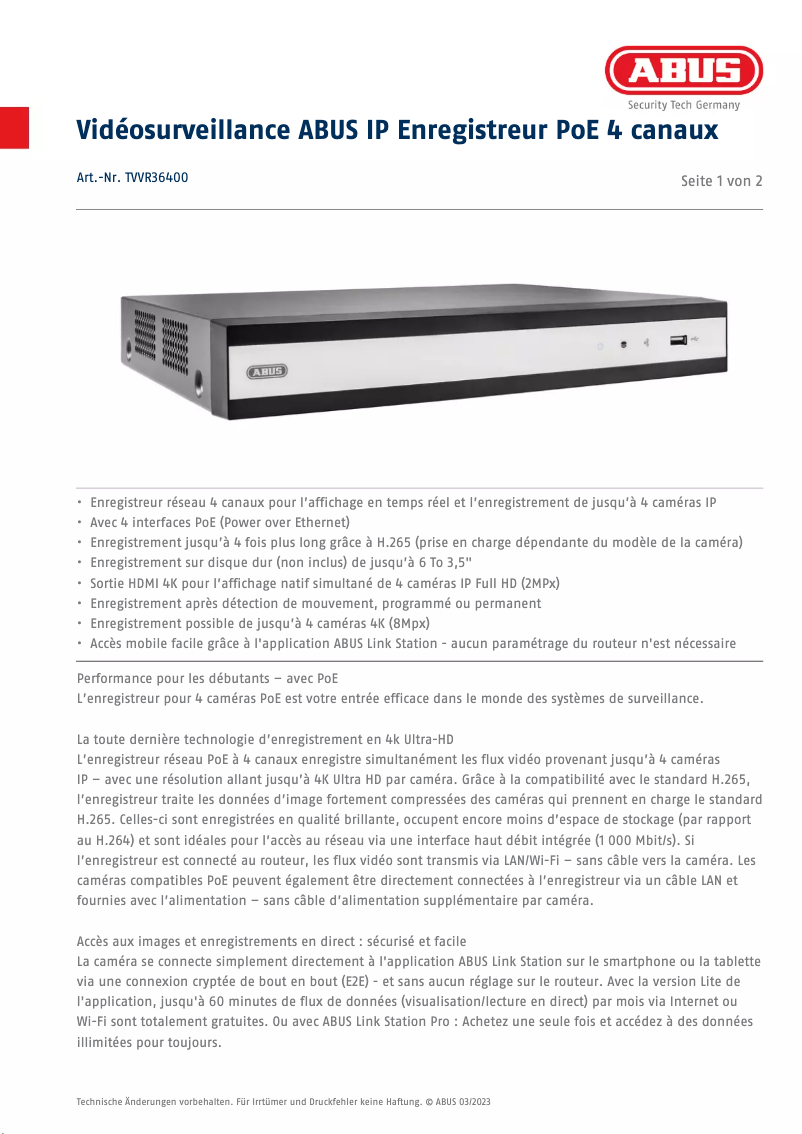 Page 1 de la notice Fiche technique Abus TVVR36400