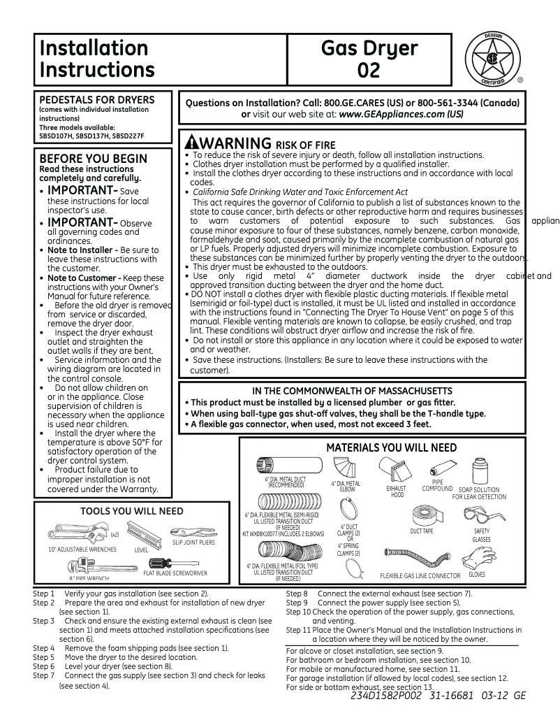 Página 1 del manual Guía de instalación GE GFDN110GLWW