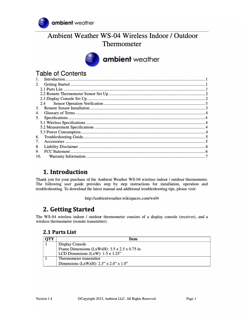 Page 1 de la notice Manuel utilisateur Ambient Weather WS-04