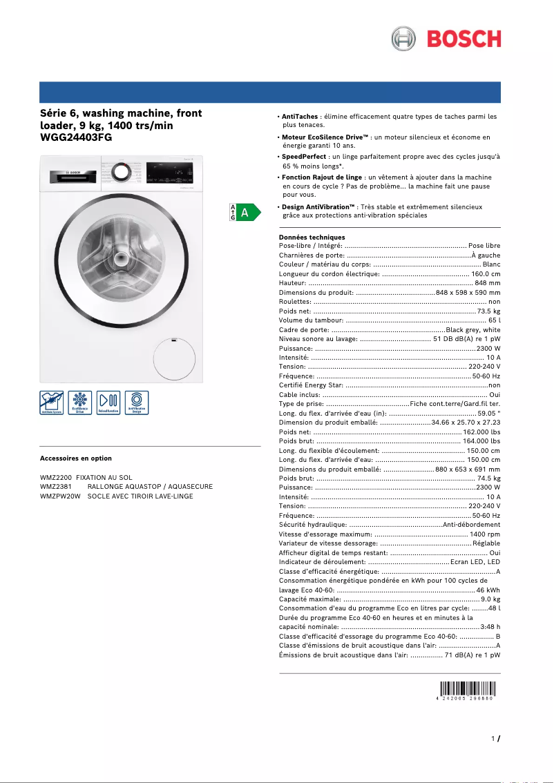 Page 1 de la notice Fiche technique Bosch WGG24403FG