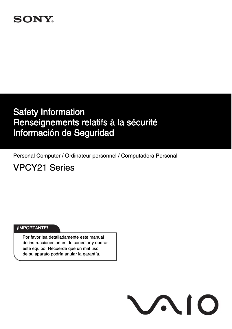Page 1 de la notice Instructions de sécurité Sony Vaio VPCY21EFX