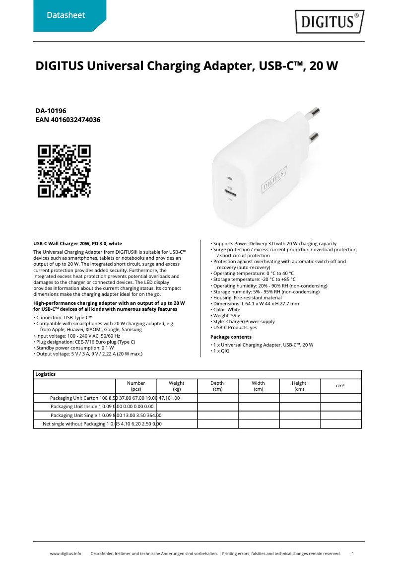 Page 1 de la notice Fiche technique Digitus DA-10196
