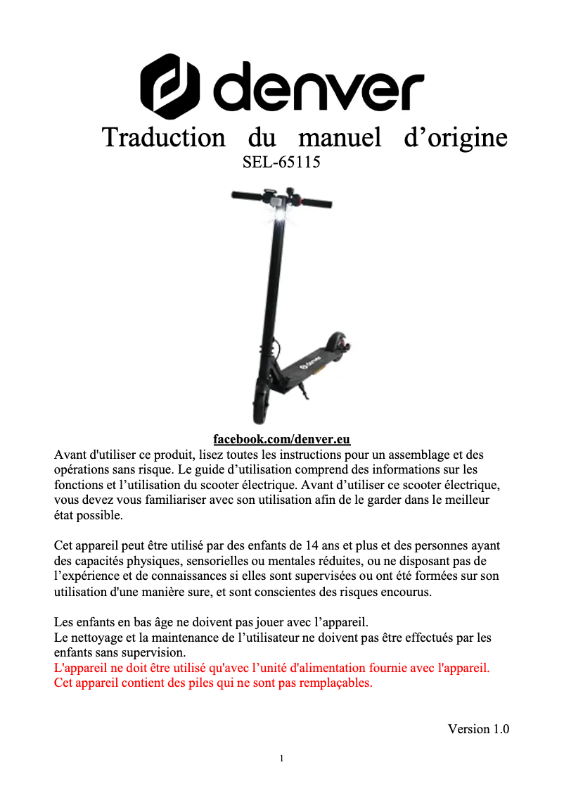 Page 1 de la notice Manuel utilisateur Denver SEL-65115