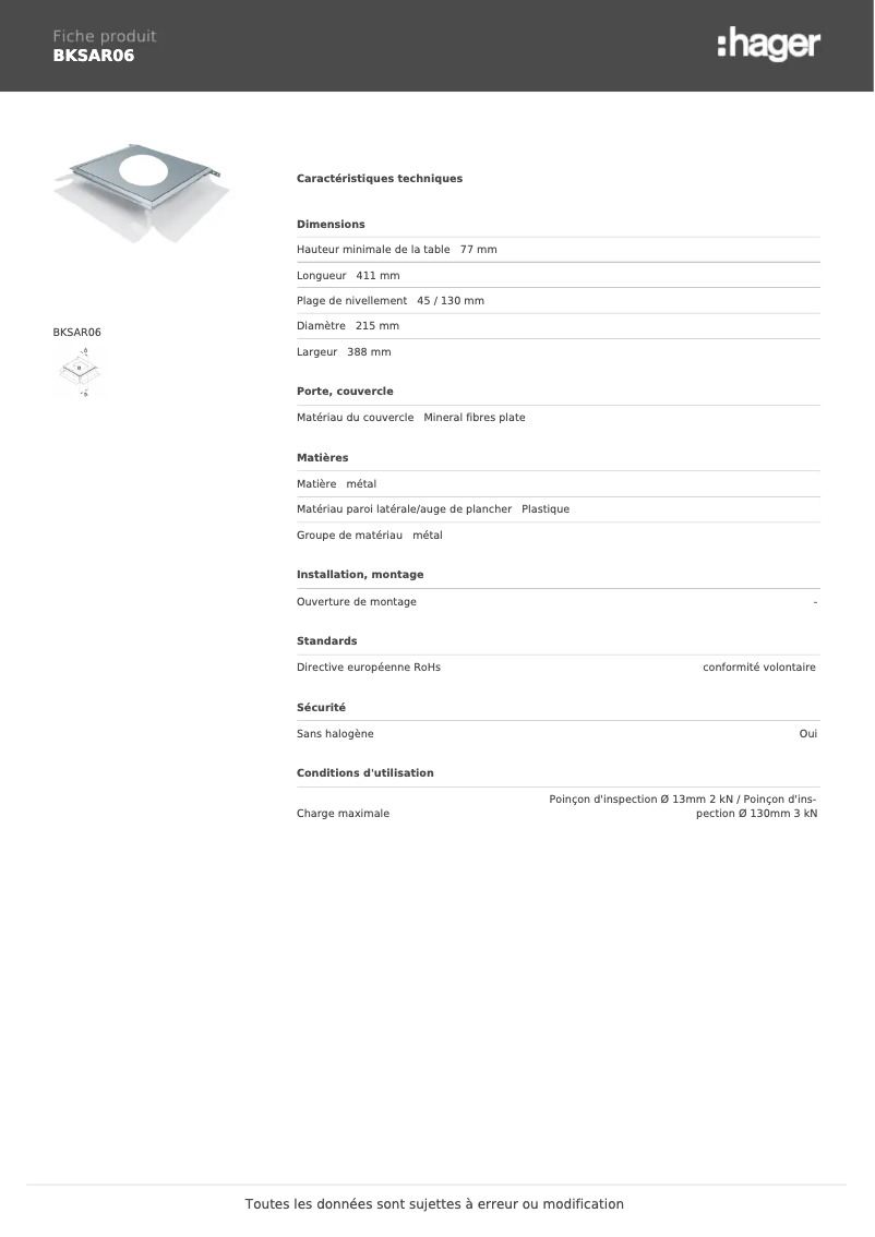 Page 1 de la notice Fiche technique Hager BKSAR06