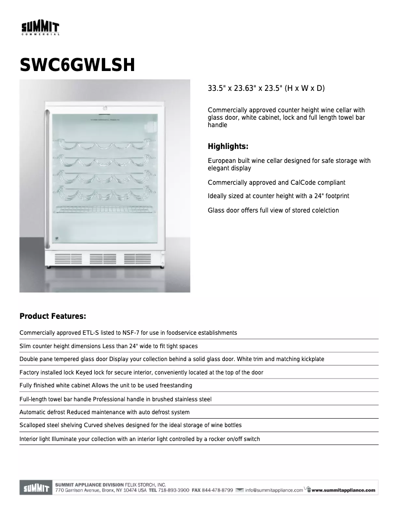 Page 1 of the manual Technical Sheet Summit SWC6GWLSH