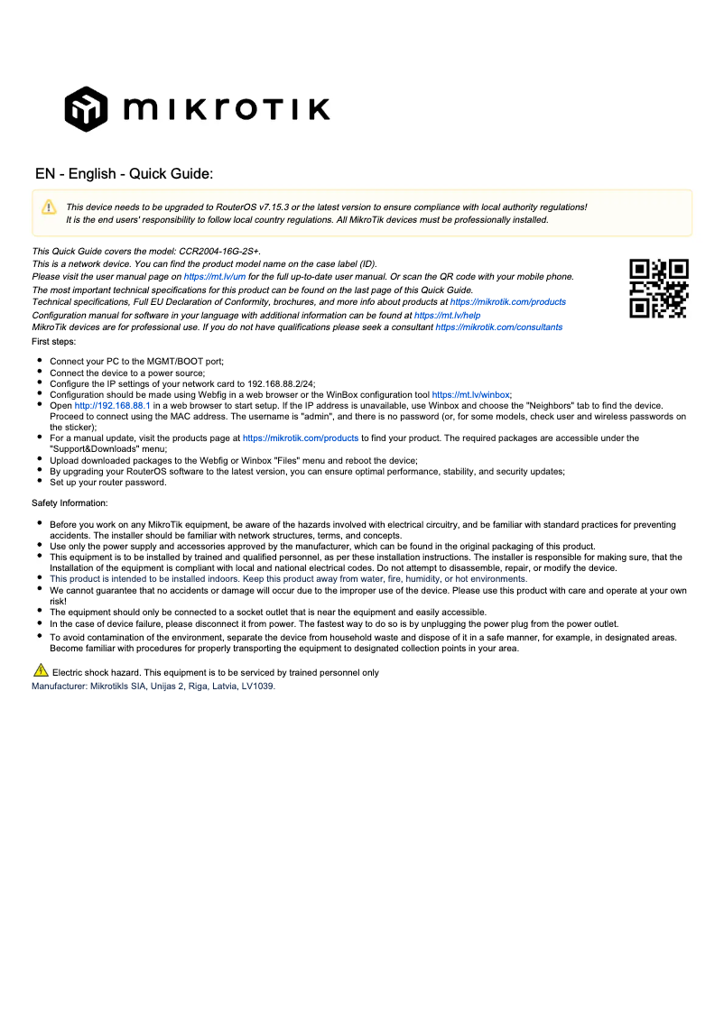 Page 1 de la notice Manuel utilisateur Mikrotik CCR2004-16G-2S+