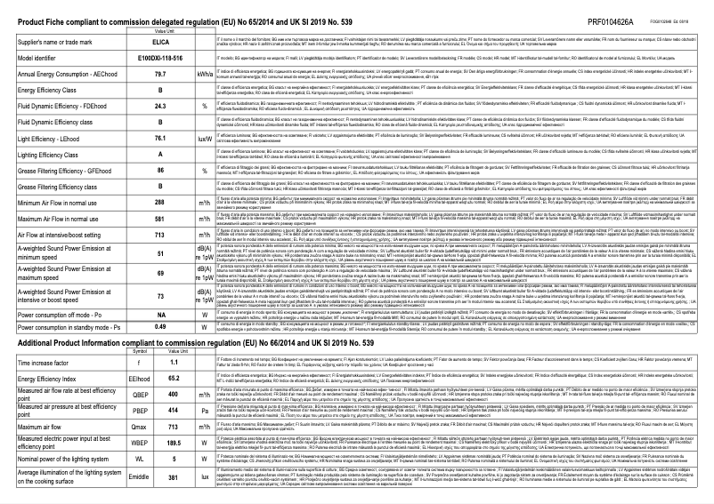 Page 1 de la notice Fiche technique Elica JOY PRF0104626A