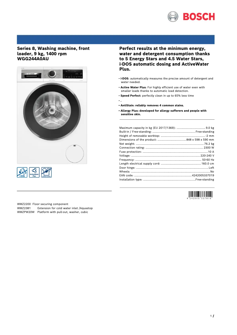 Page 1 de la notice Fiche technique Bosch WGG244A0AU