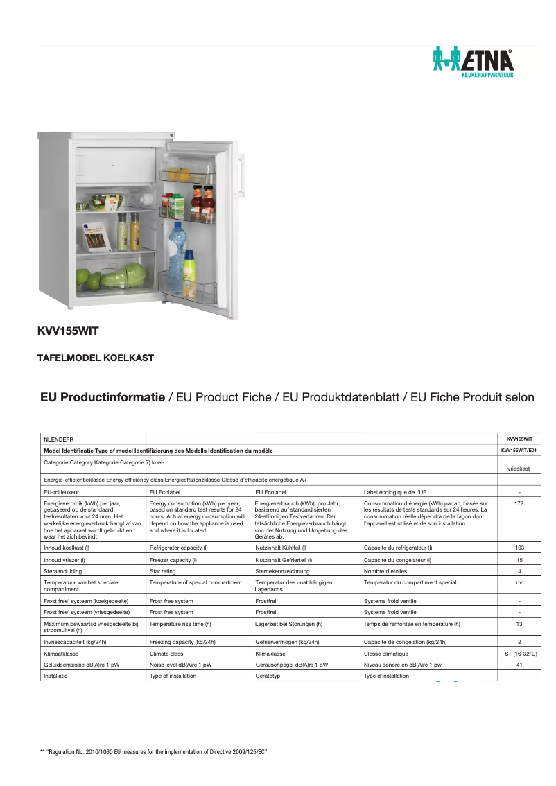 Página 1 del manual Ficha técnica Etna KVV155WIT