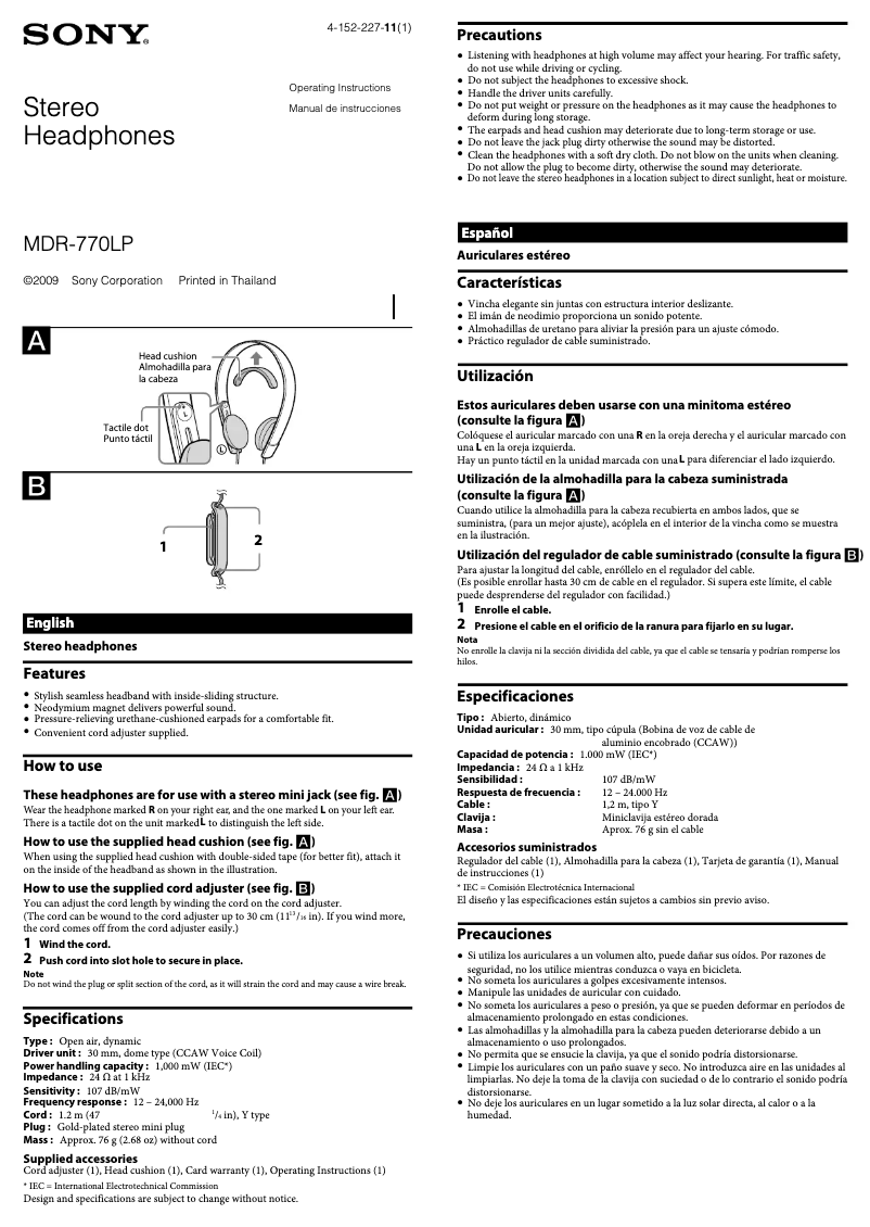 Page 1 de la notice Manuel utilisateur Sony MDR-770LP
