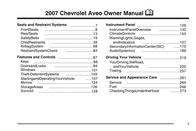 Page 1 de la notice Manuel utilisateur Chevrolet Aveo (2007)