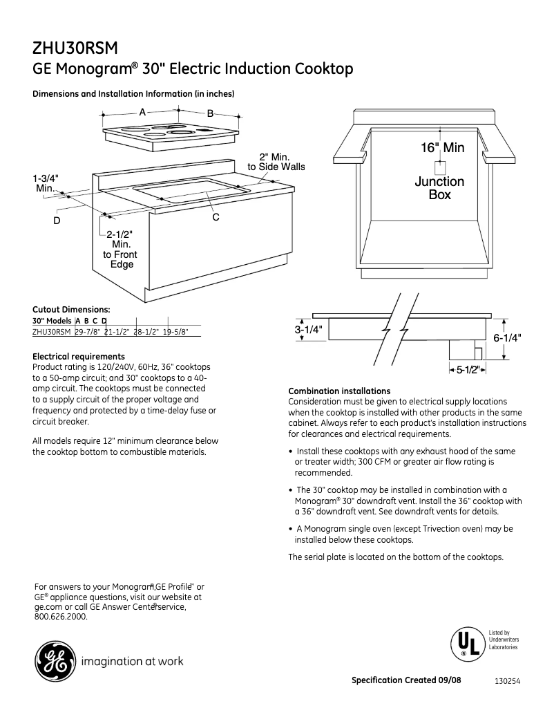 Page n°1 - Fiche technique GE ZHU30RSMSS