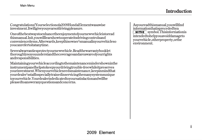 Page 1 de la notice Manuel utilisateur Honda Element (2009)