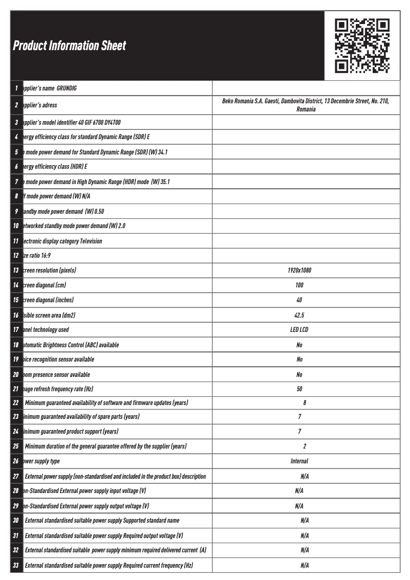 Page 1 de la notice Fiche technique Grundig 40 GIF 6700