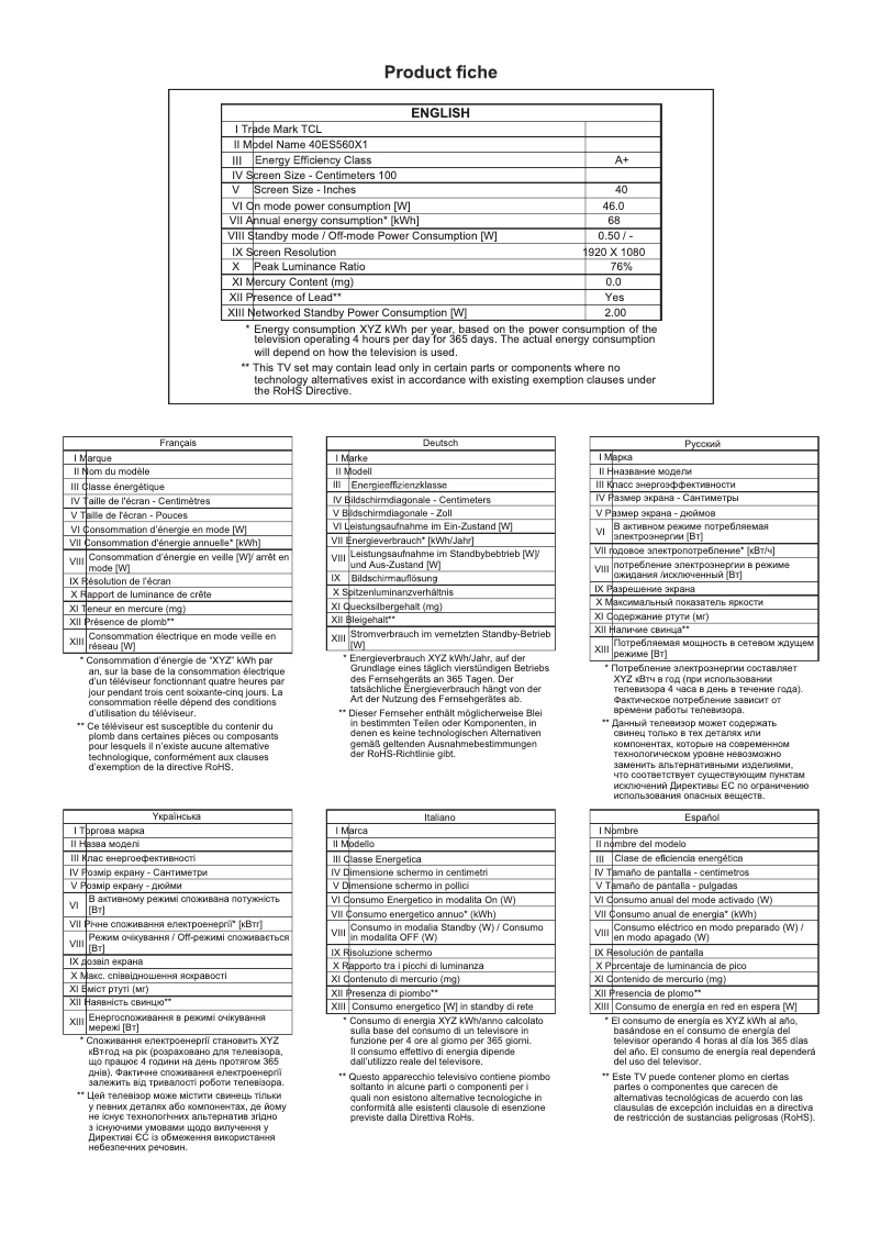 Page 1 of the manual Technical Sheet TCL 40ES560
