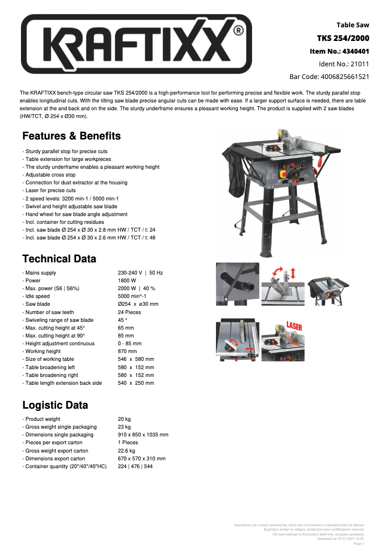 Page 1 de la notice Fiche technique Kraftixx TKS 254/2000