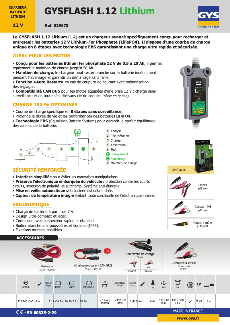 Page 1 de la notice Fiche technique GYS Gysflash Lithium 1.12