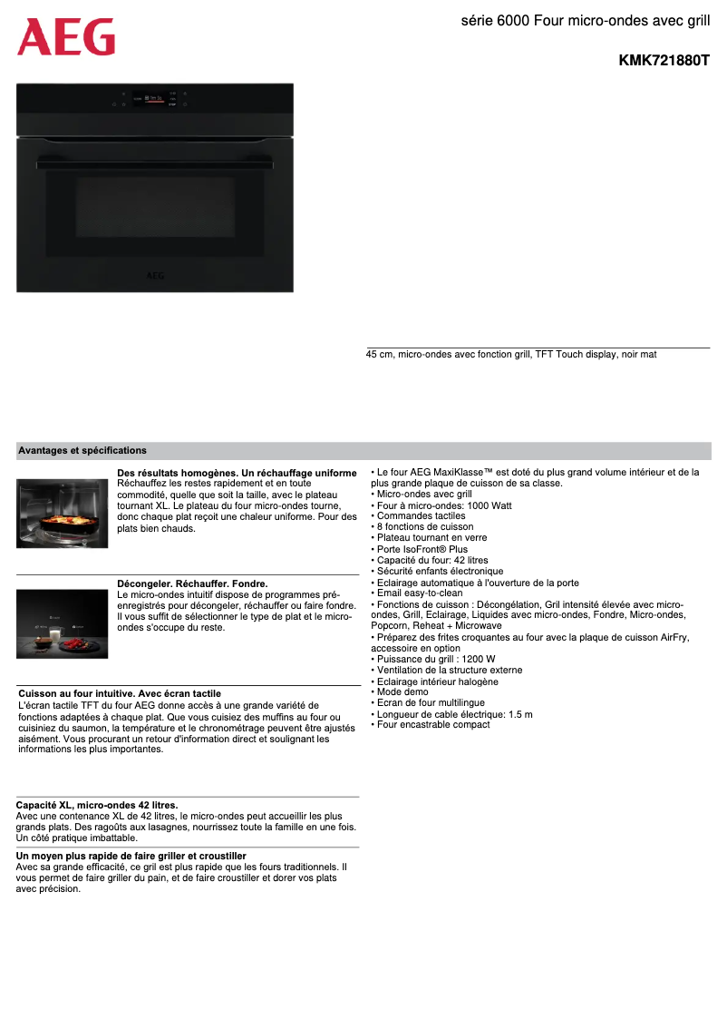 Page 1 de la notice Fiche technique AEG KMK721880T