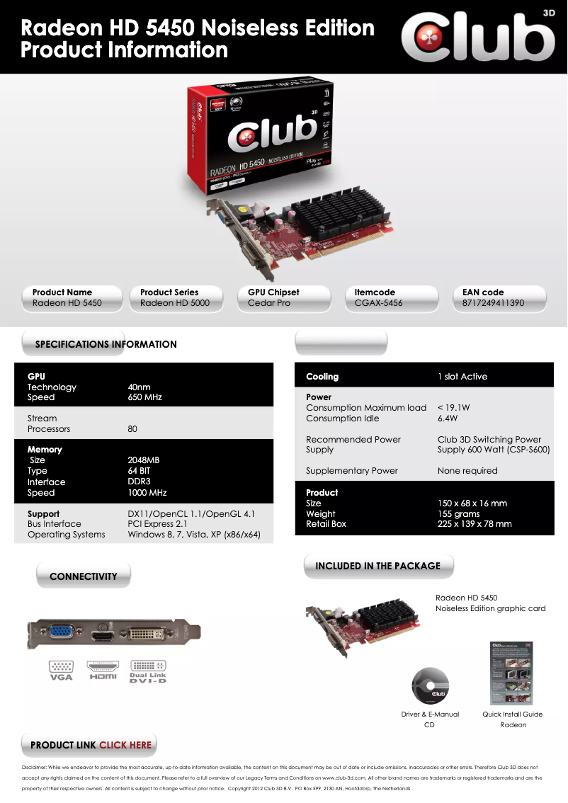 Page 1 de la notice Manuel utilisateur CLUB3D Radeon HD 5450 2GB Noiseless Edition
