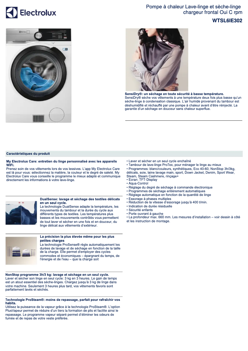 Página 1 del manual Ficha técnica Electrolux WTSL6IE302