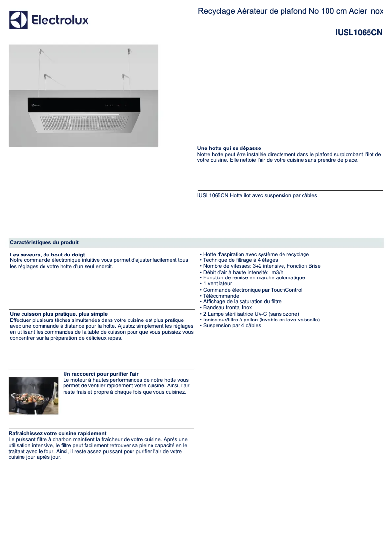 Page 1 de la notice Fiche technique Electrolux IUSL1065CN