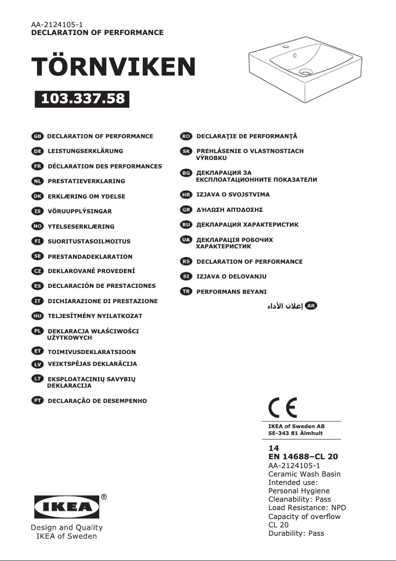 Page 1 de la notice Manuel utilisateur Ikea TÖRNVIKEN 103.337.58