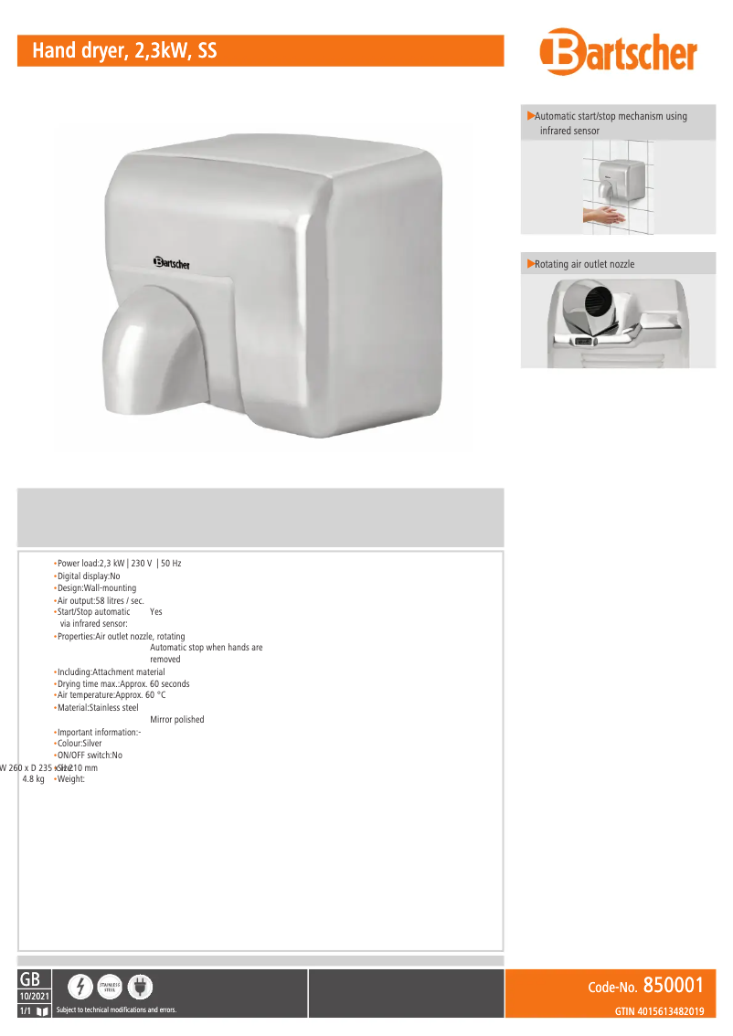 Page 1 de la notice Fiche technique Bartscher 850001