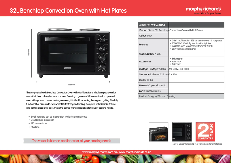 Page 1 de la notice Fiche technique Morphy Richards MRBO32BLK2
