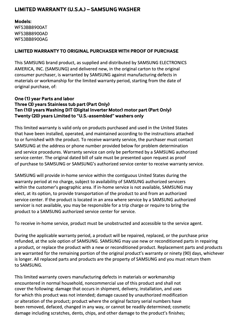Página 1 del manual Información de garantía Samsung WF53BB8900AT