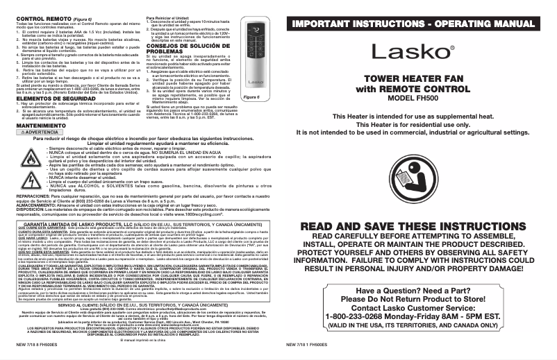 Page 1 of the manual User Manual Lasko FH500