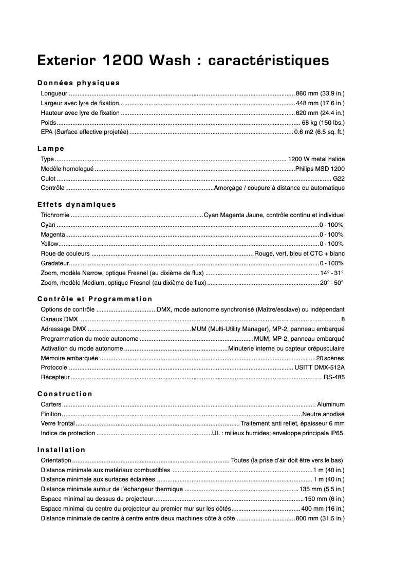 Page 1 de la notice Fiche technique Martin Exterior 1200 Wash