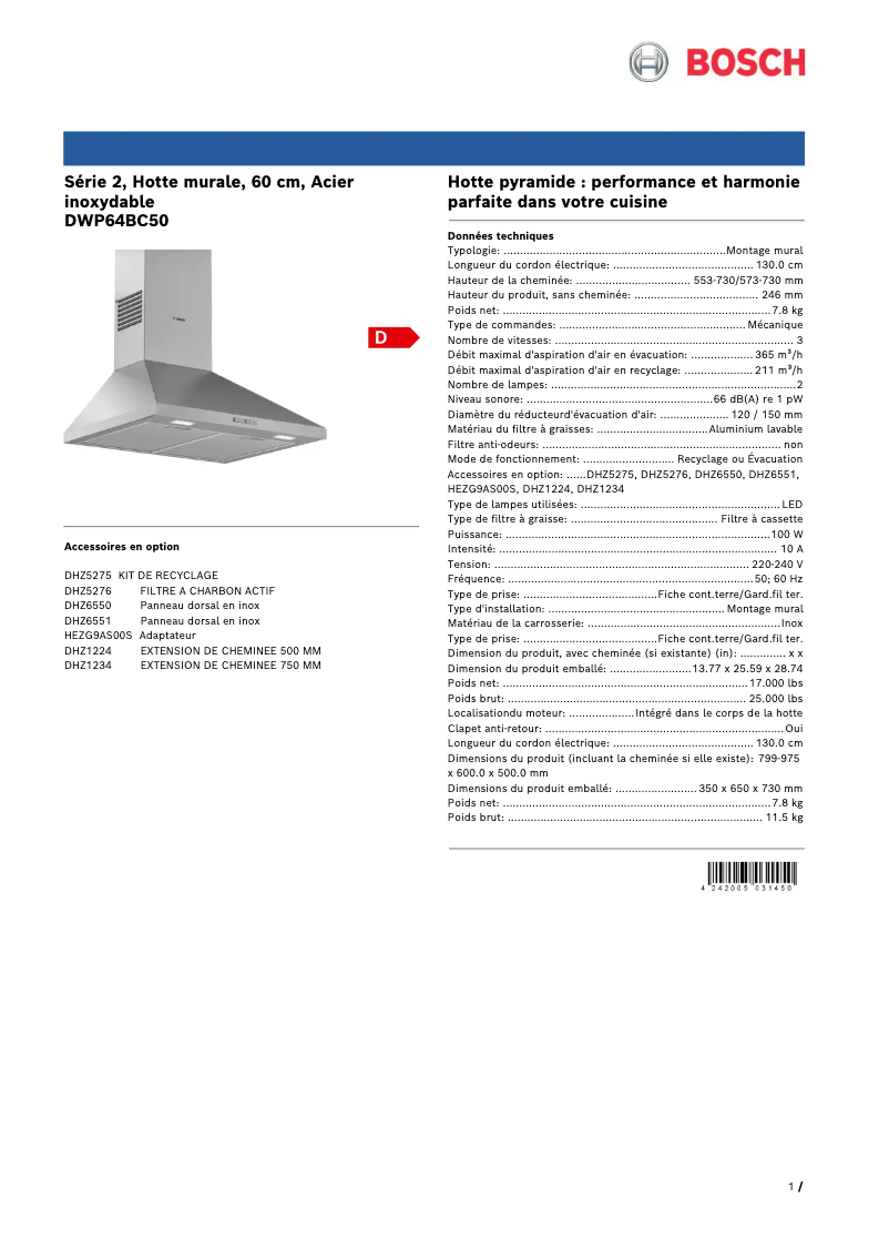 Page 1 de la notice Fiche technique Bosch DWP64BC50