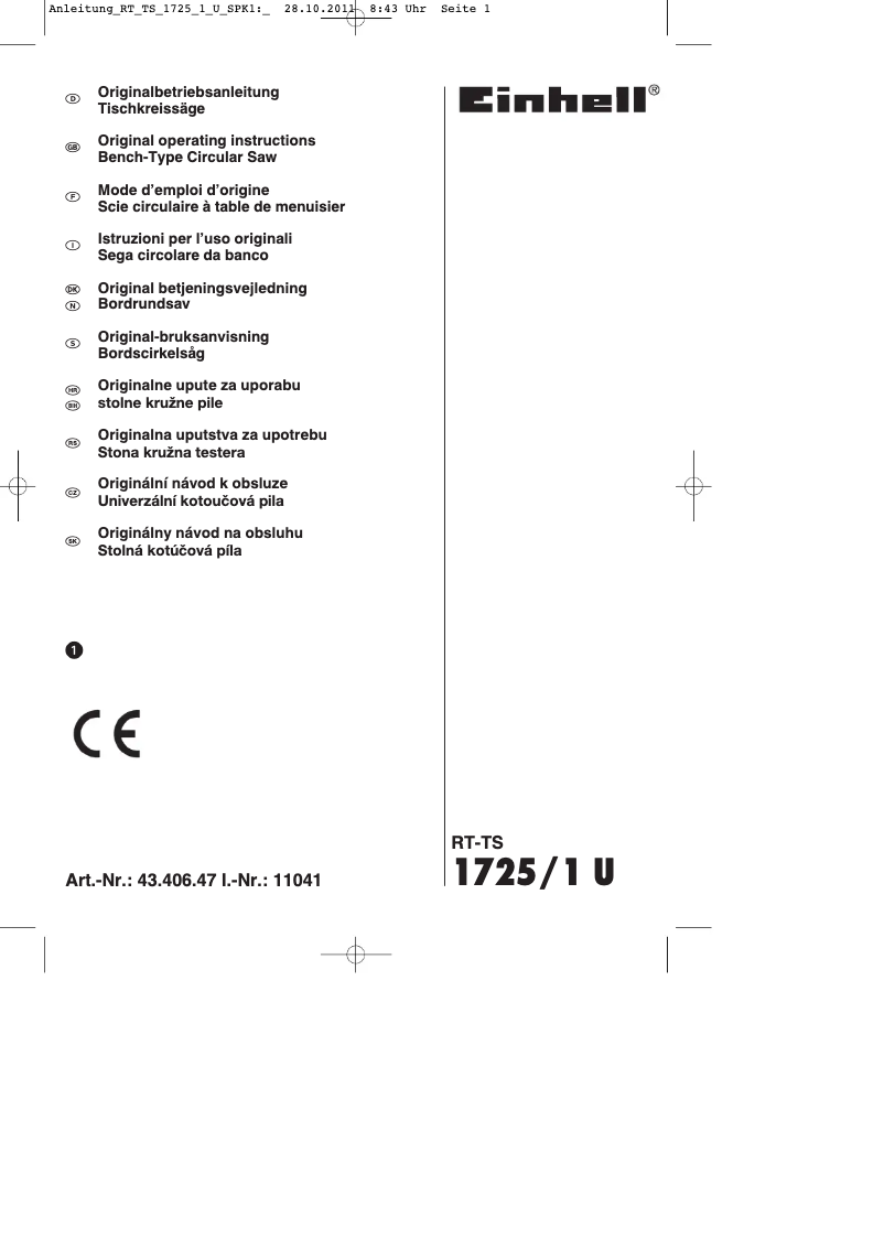 Page 1 de la notice Mode d'emploi Einhell RT-TS 1725/1 U