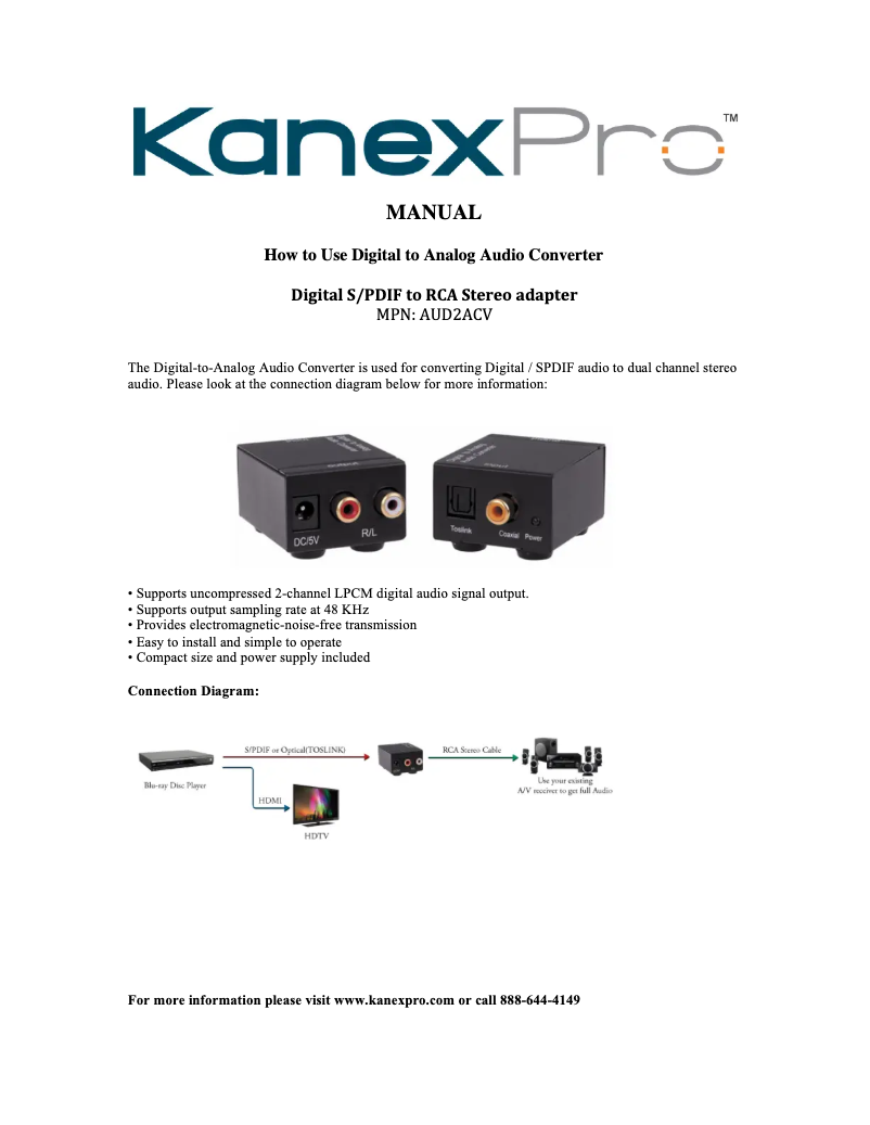 Page 1 de la notice Manuel utilisateur KanexPro AUD2ACV