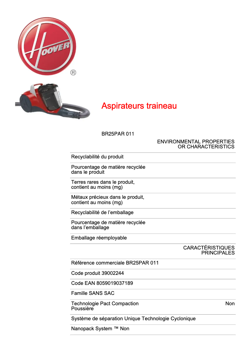 Page 1 de la notice Fiche technique Hoover BR25PAR 011