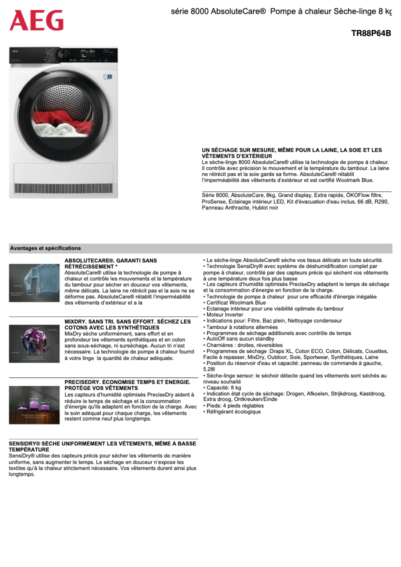 Page 1 de la notice Fiche technique AEG TR88P64B