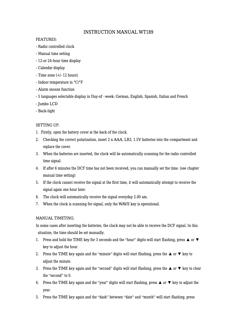 Page 1 de la notice Manuel utilisateur Techno Line WT 189