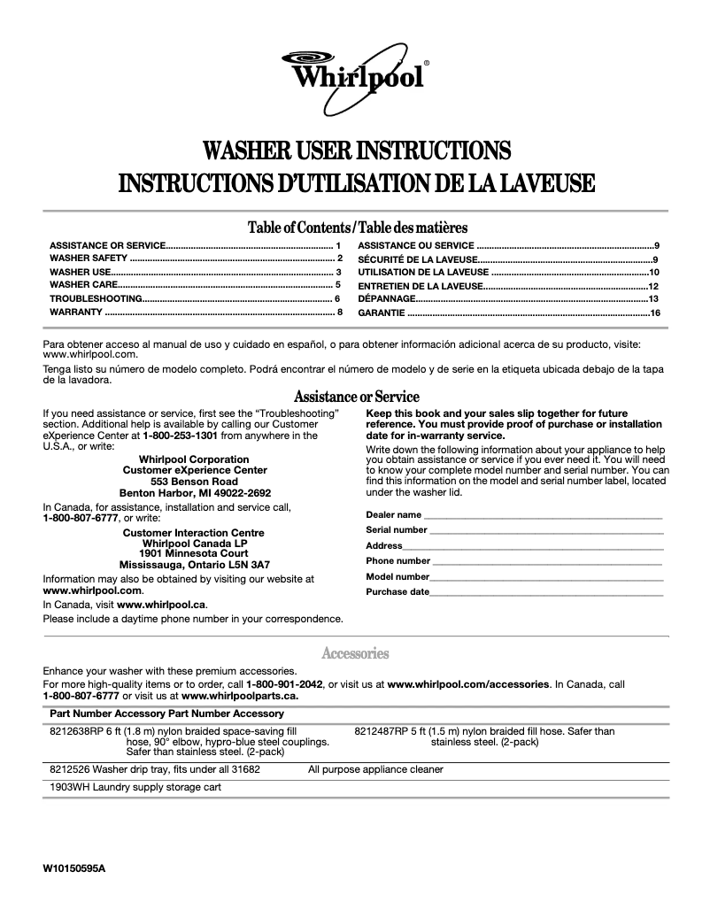 Página 1 del manual Manual de usuario Whirlpool WTW5900TW