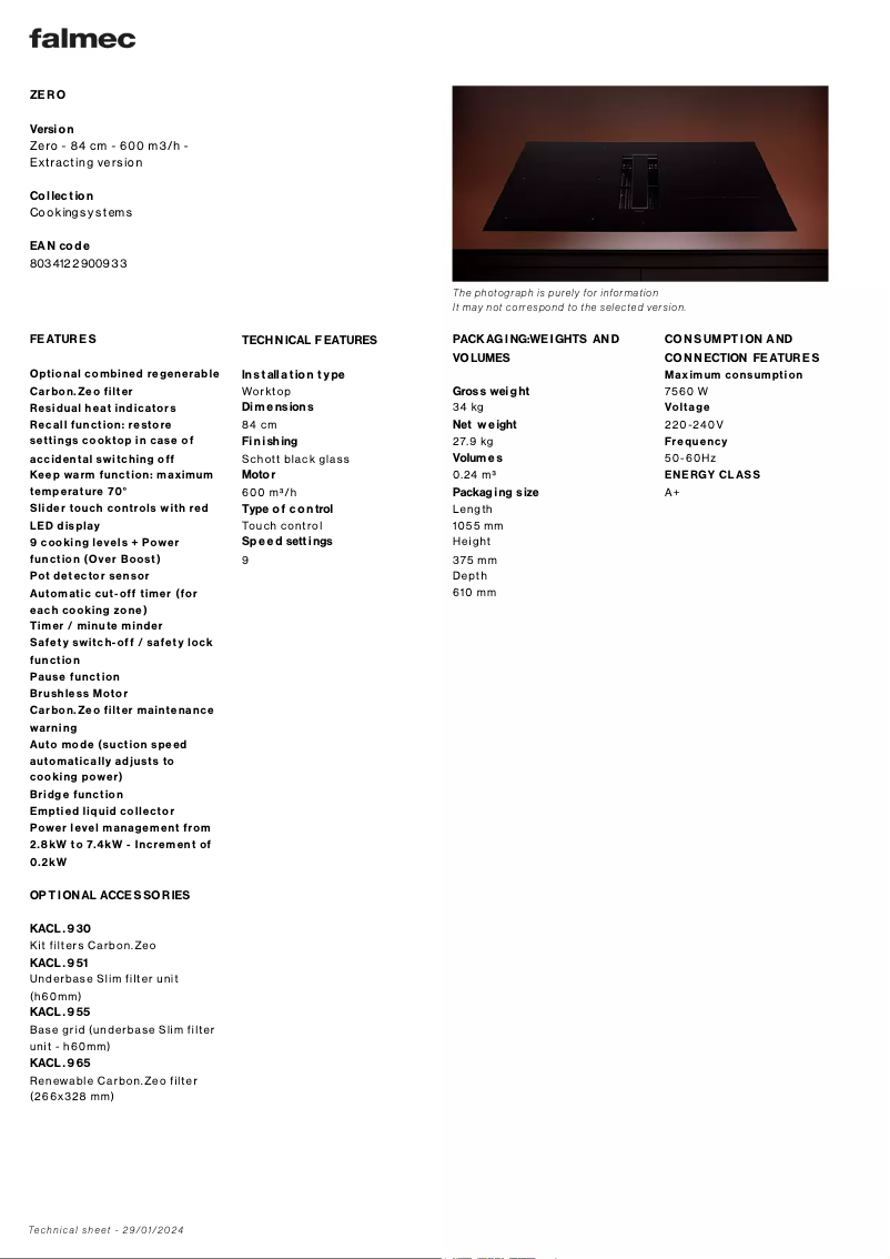 Page 1 de la notice Fiche technique Falmec Zero