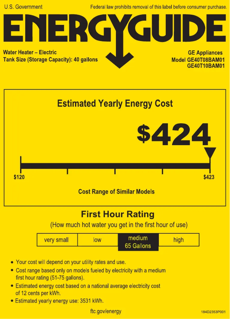 Page 1 of the manual Energy Label GE GE40T10BAM