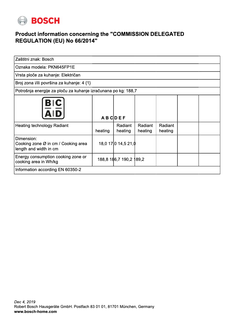 Page 1 of the manual Technical Sheet Bosch PKN645FP1E
