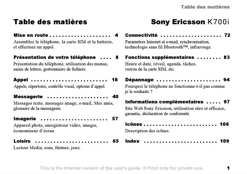 Page 1 de la notice Manuel utilisateur Sony Ericsson K700i