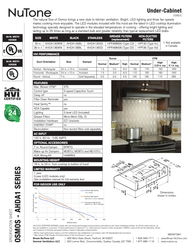 Page 1 of the manual Technical Sheet NuTone AHDA136SS