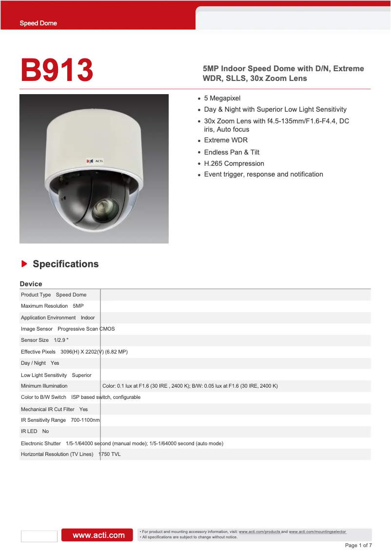 Page 1 de la notice Fiche technique ACTi B913