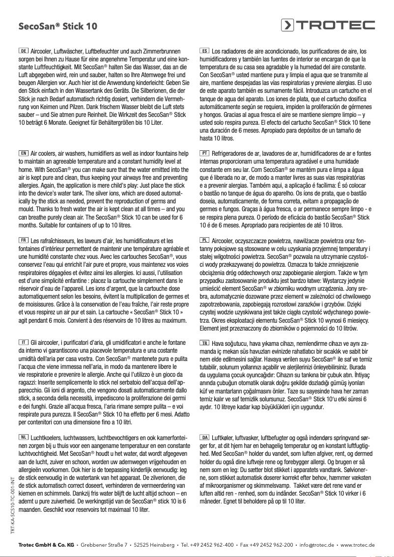 Page 1 de la notice Manuel utilisateur Trotec SecoSan Stick 60